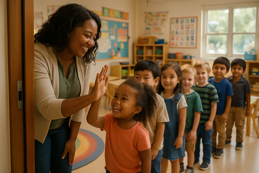 female Teacher greeting a diverse group of students at the door with a high five