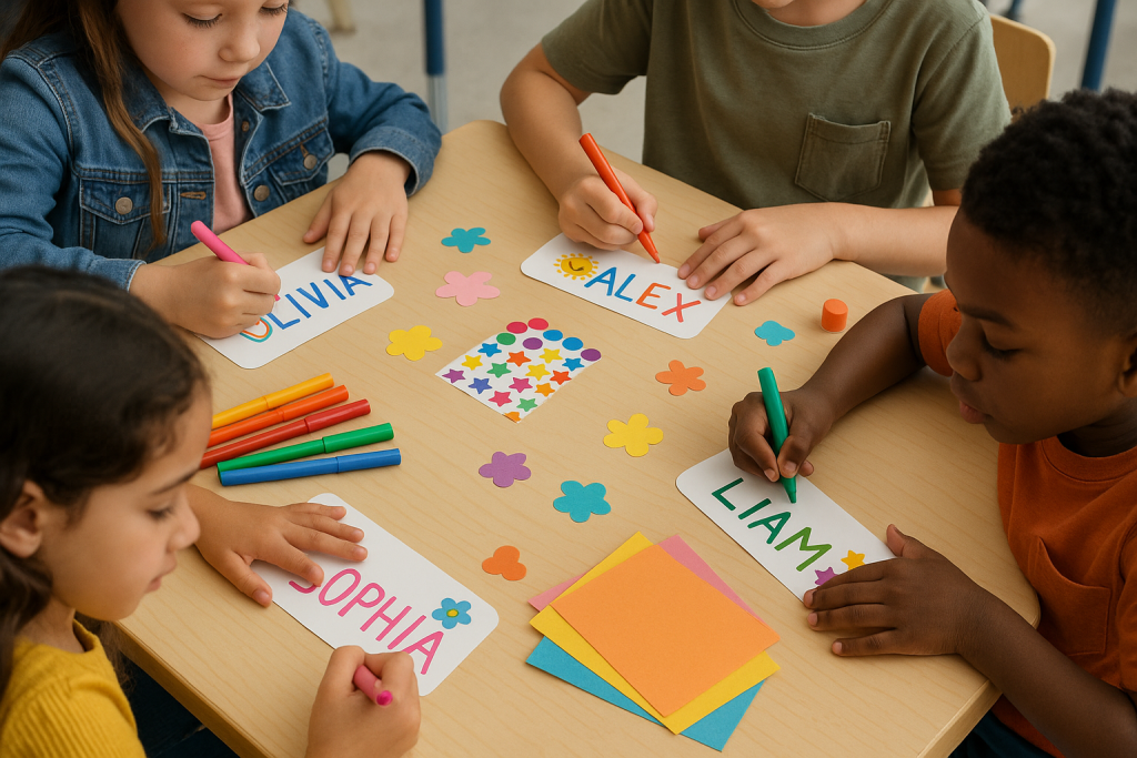 Group of children decorating name tags