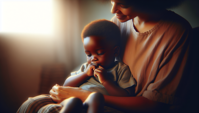 Young black child with thumb in his mouth on a woman's lap