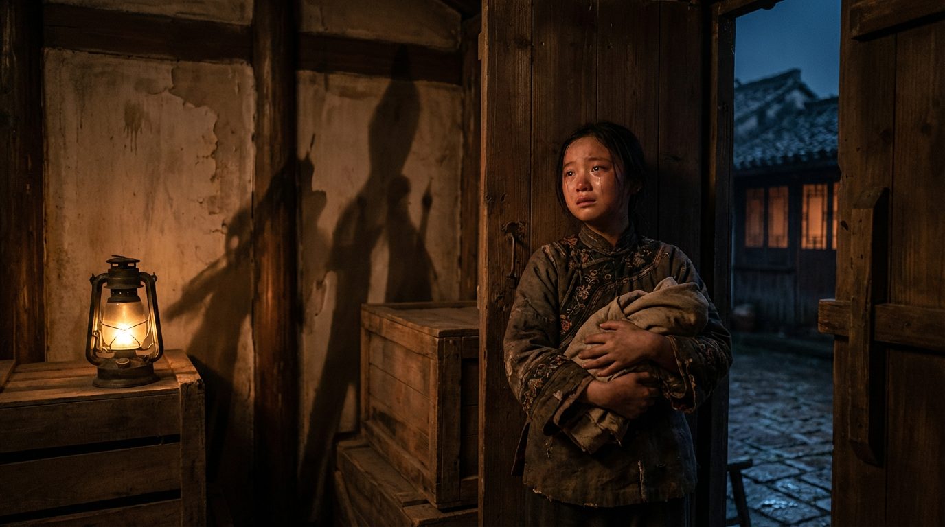 Young Chinese child facing leaving home and knowing they will never return AI generated